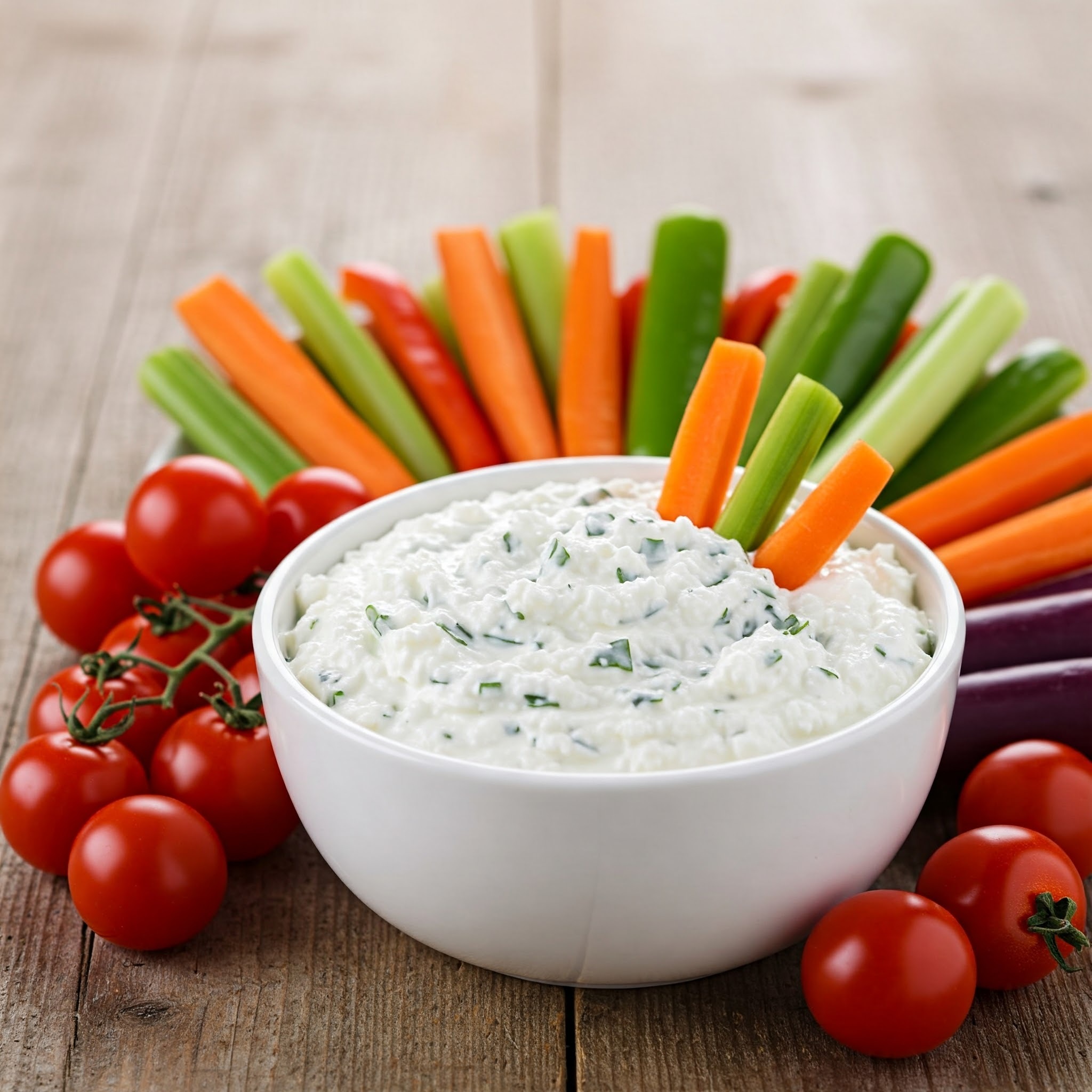 A bowl of creamy cottage cheese dip garnished with fresh herbs, surrounded by colorful vegetable sticks, including carrots, celery, cucumber, and cherry tomatoes.