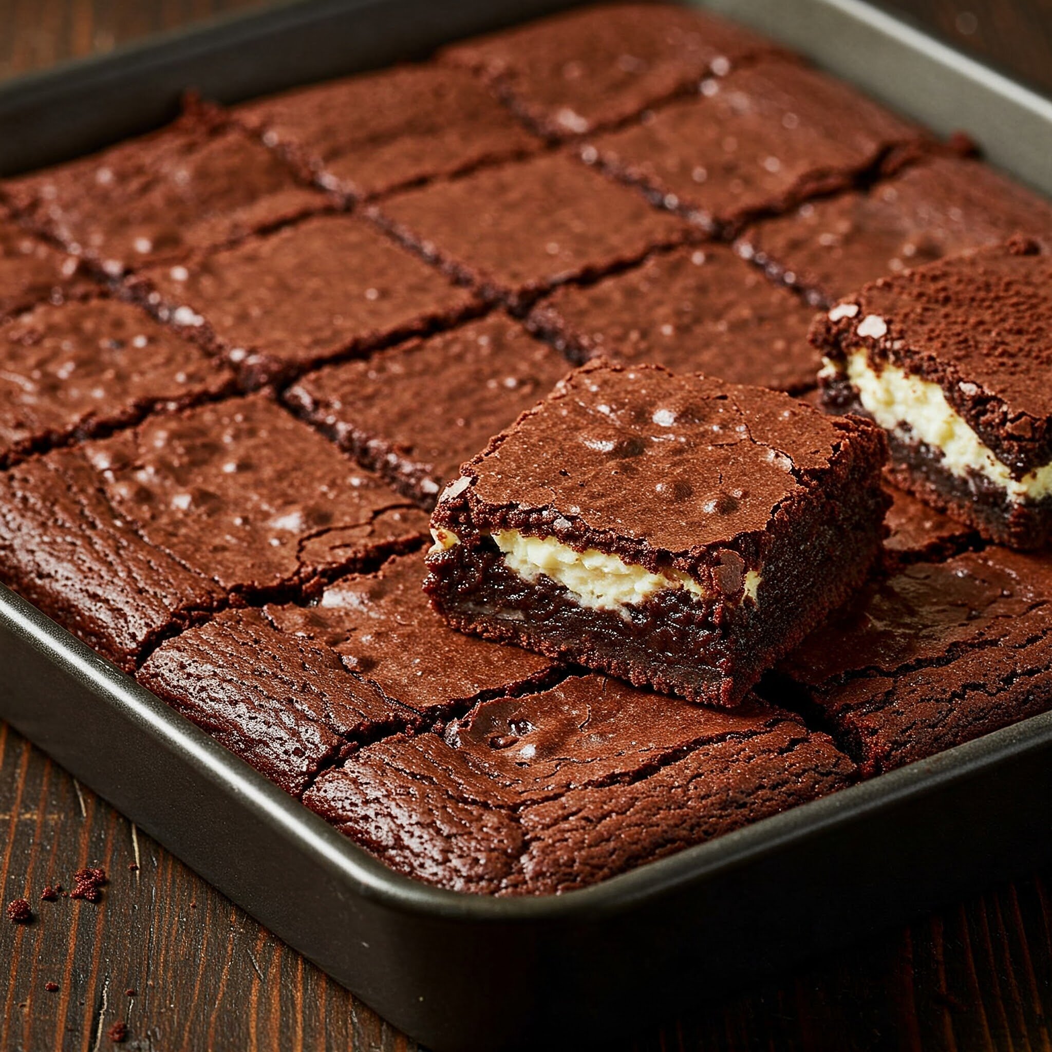 A square baking pan filled with rich chocolate brownies, with a distinctive swirl of white cheesecake filling visible on top. One brownie is cut out and turned on its side, revealing the creamy layer. The brownies sit on a dark wooden surface.