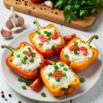 Four vibrant orange bell peppers filled with creamy cottage cheese, garnished with tomato and chives.