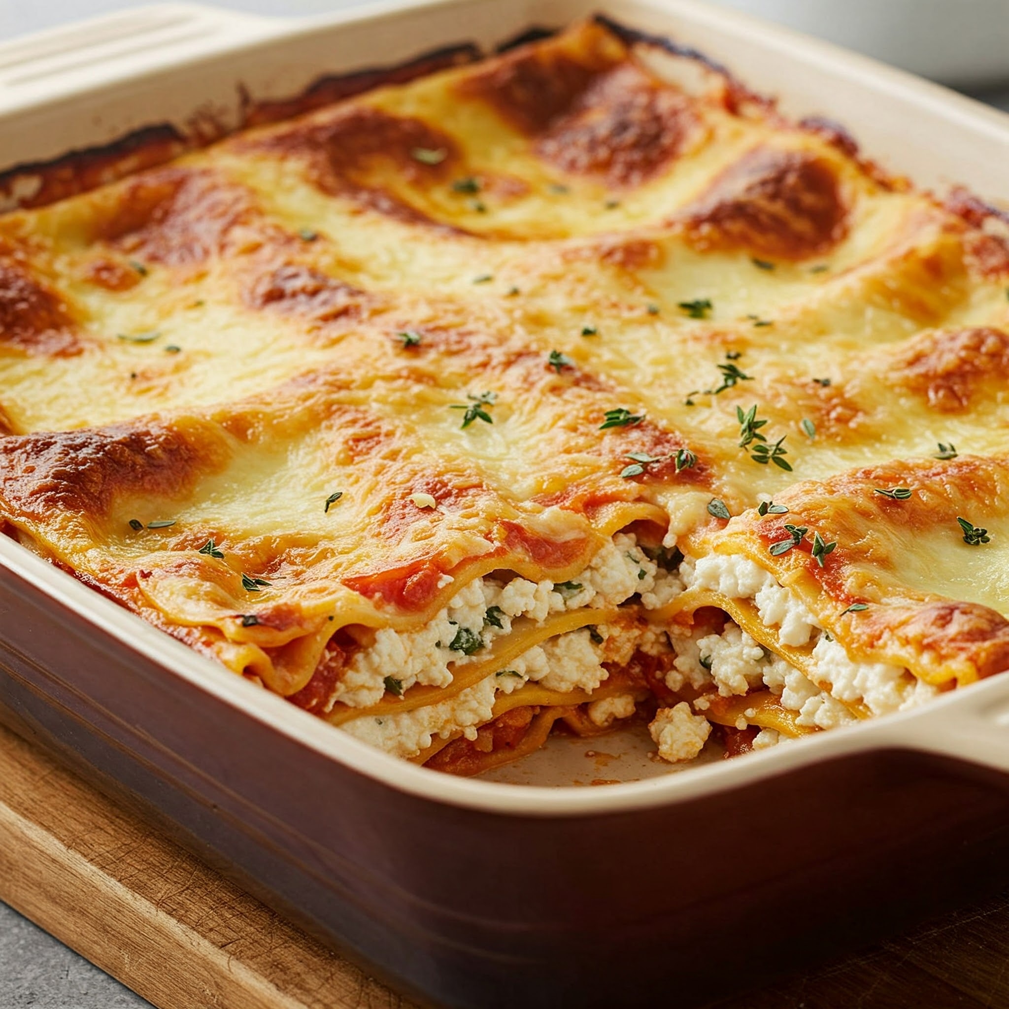 A freshly baked cottage cheese lasagna in a brown ceramic baking dish, with layers of creamy cottage cheese, tomato sauce, and pasta sheets, topped with golden, bubbly cheese and fresh thyme garnish.