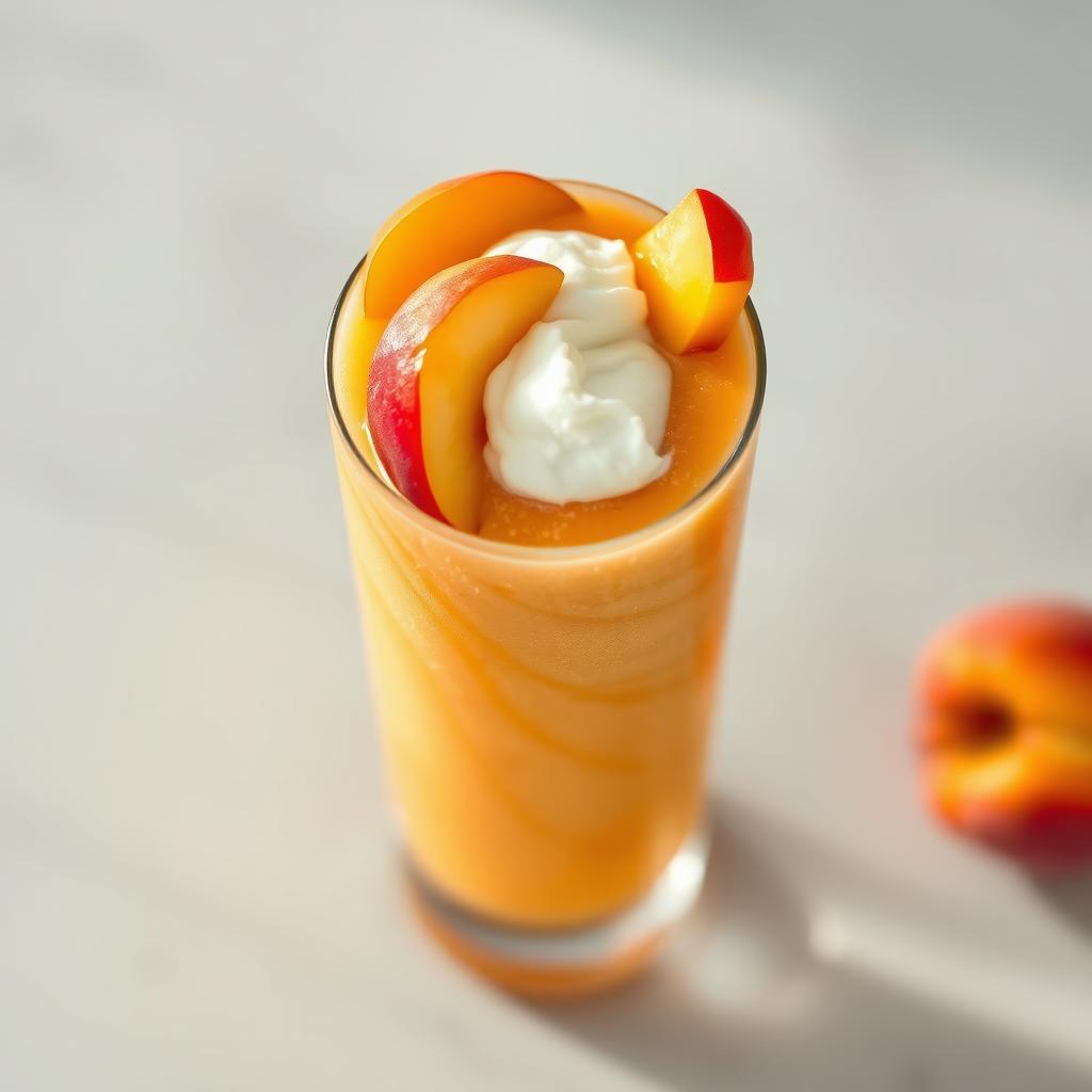 A creamy peach cottage cheese smoothie in a tall glass, garnished with fresh peach slices and a dollop of cottage cheese, placed on a light surface.