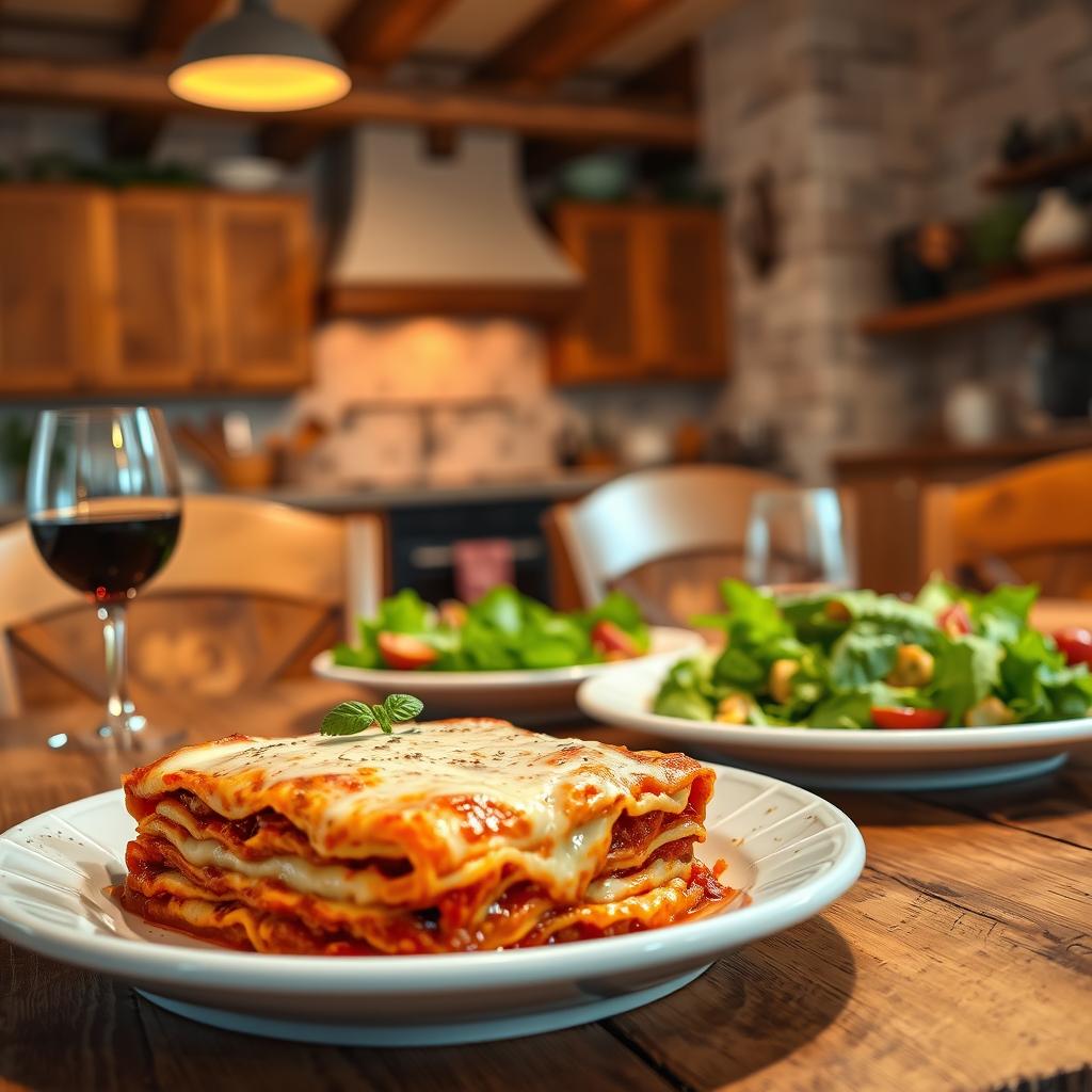 A delicious slice of cottage cheese lasagna served on a white plate, topped with melted cheese and fresh basil, set on a rustic wooden table with a side of fresh green salad and a glass of red wine in a cozy kitchen setting