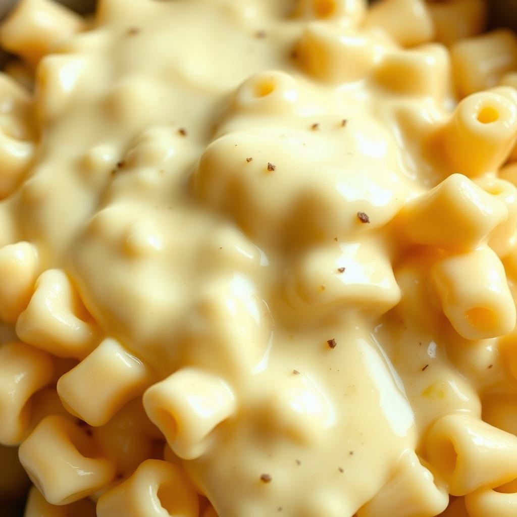 creamy mac and cheese with elbow macaroni coated in a smooth, yellow cheese sauce