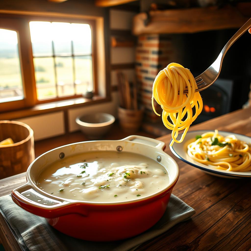  A rustic kitchen setting with a pot of creamy cottage cheese pasta sauce and a fork twirling spaghetti.