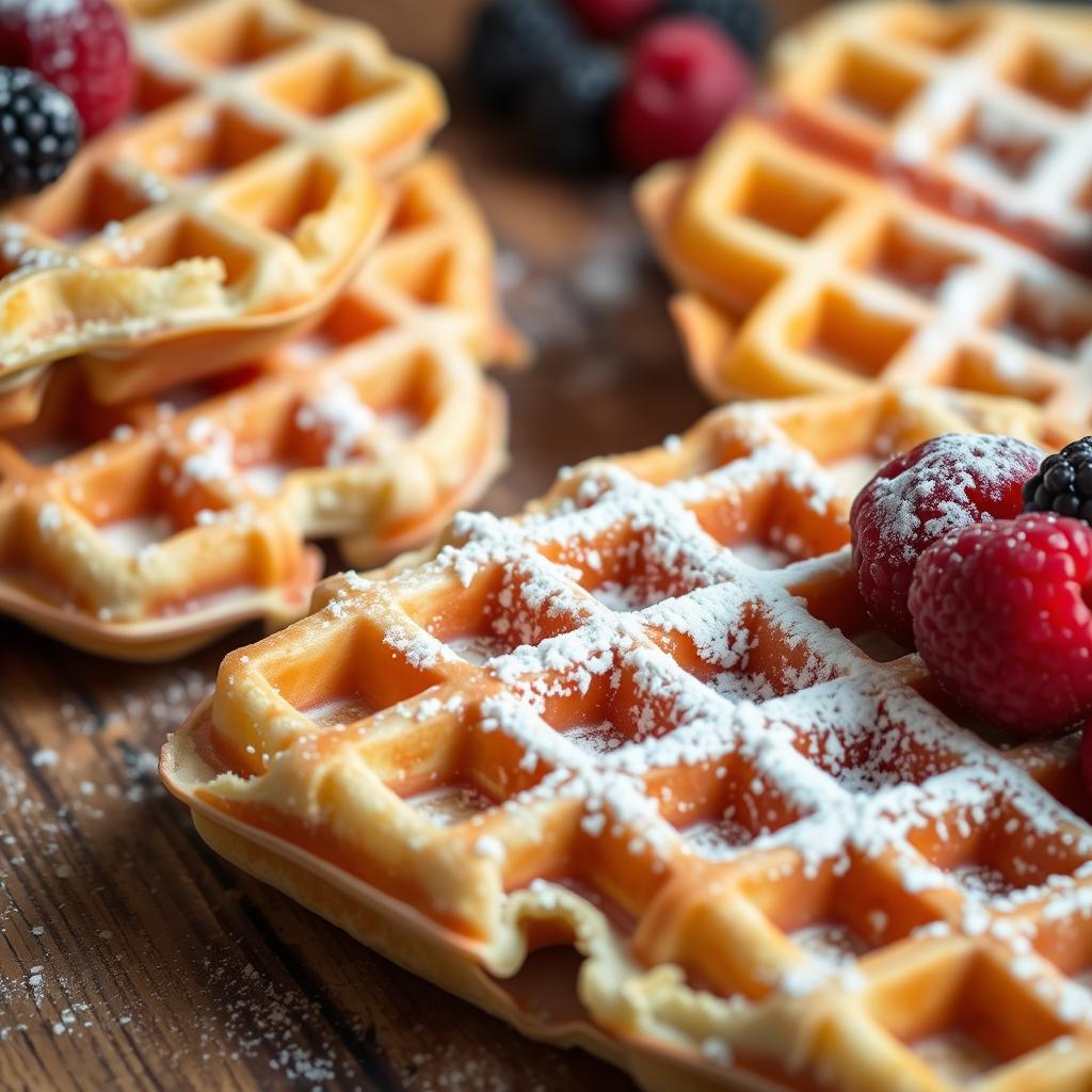 Golden crispy cottage cheese waffles dusted with powdered sugar and topped with fresh raspberries and blackberries.