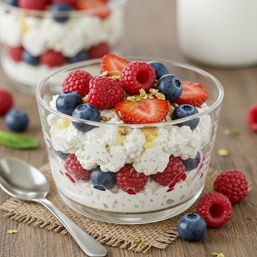 Healthy cottage cheese parfait layered with fresh strawberries, blueberries, raspberries, and granola in a glass bowl