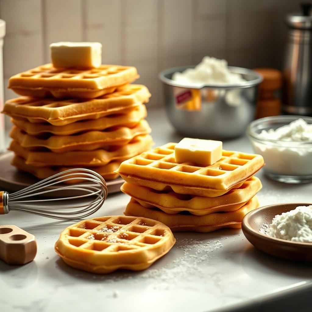 Stacks of golden waffles with butter on top, surrounded by baking ingredients like cottage cheese, flour, and a whisk on a kitchen counter.