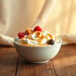 High-protein whipped cottage cheese dessert bowl, garnished with a caramel-like drizzle, fresh red raspberries, and a dark blueberry