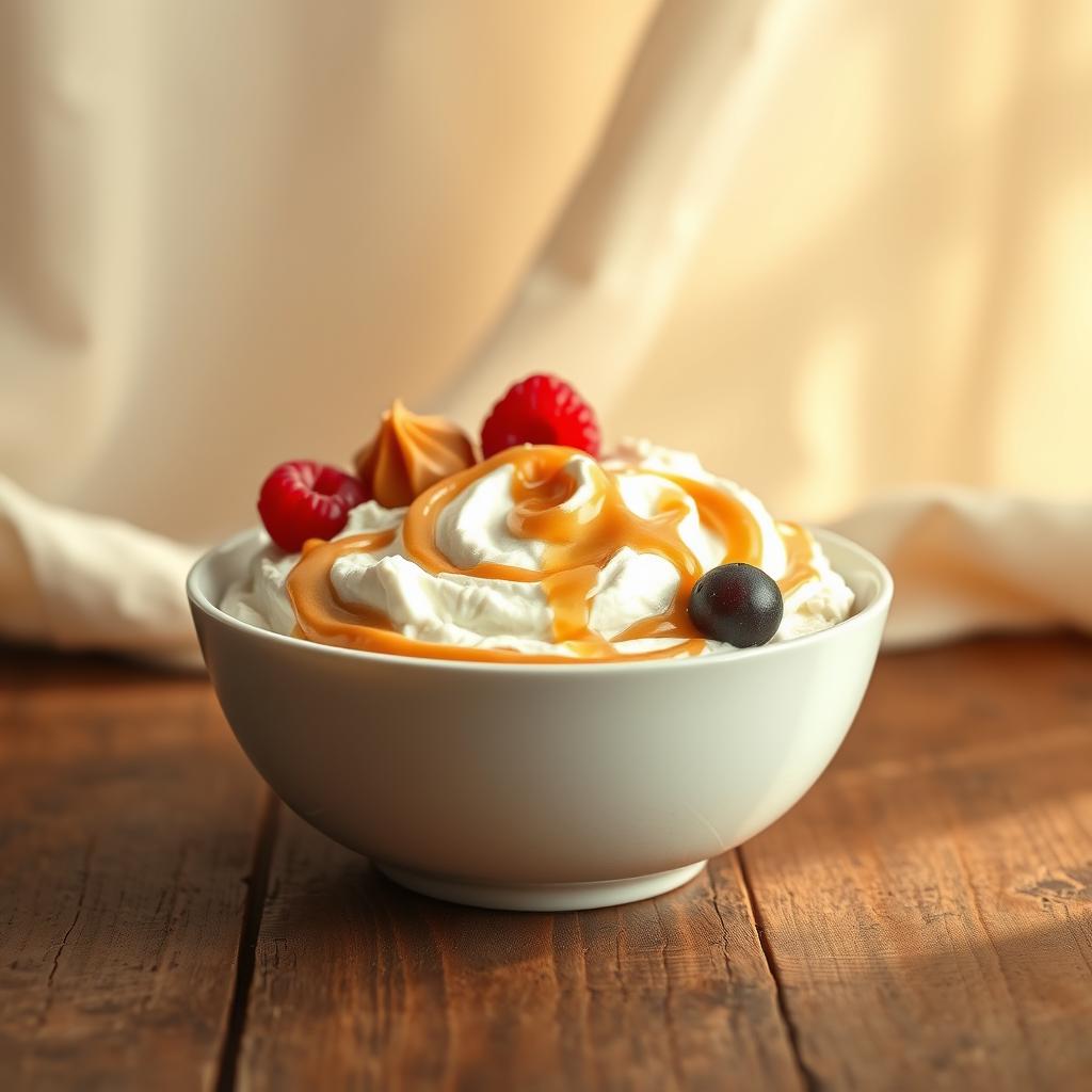 High-protein whipped cottage cheese dessert bowl, garnished with a caramel-like drizzle, fresh red raspberries, and a dark blueberry