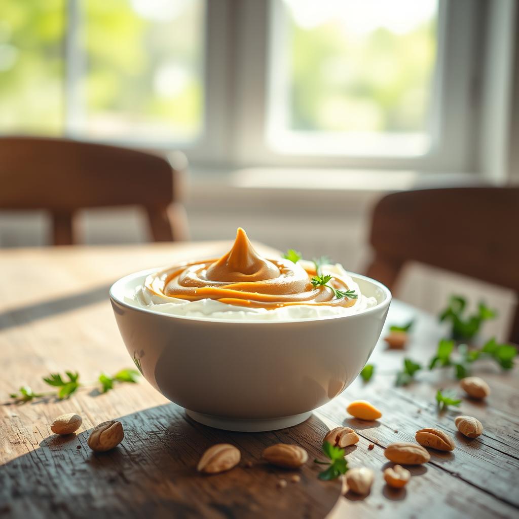 A high-protein cottage cheese bowl with a tall swirl of thick peanut butter in the center, garnished with parsley