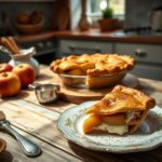 A close-up of a slice of creamy cottage cheese apple pie served on a vintage white plate. The slice features large, golden apple chunks layered with a white creamy filling inside a flaky, golden-brown crust topped with cinnamon. In the background, the remaining pie sits in a glass dish alongside fresh red apples, a metal measuring cup, and a silver fork on a wooden kitchen table.